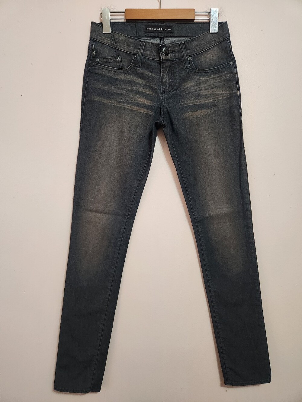 Vintage Y2K Rock & Republic Black Wash Low Rise Skinny Jeans Size 26 Grunge